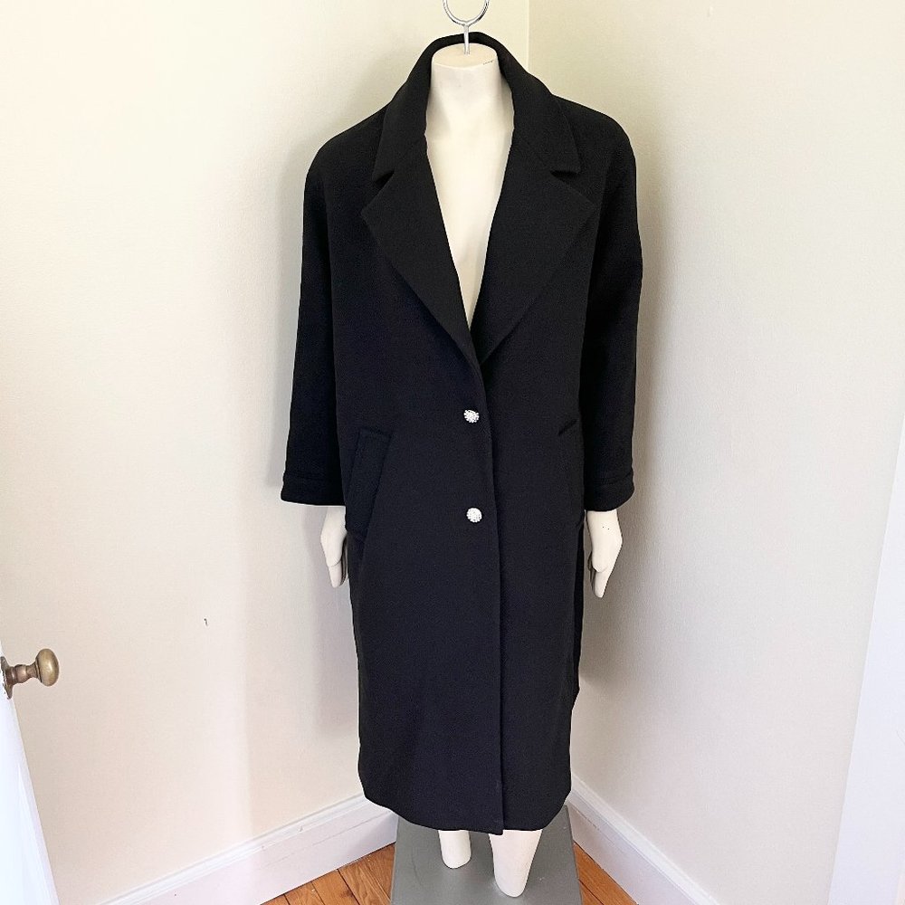 ZARA Wool Blend Trench Coat Rhinestone buttons Pockets Black SZ L